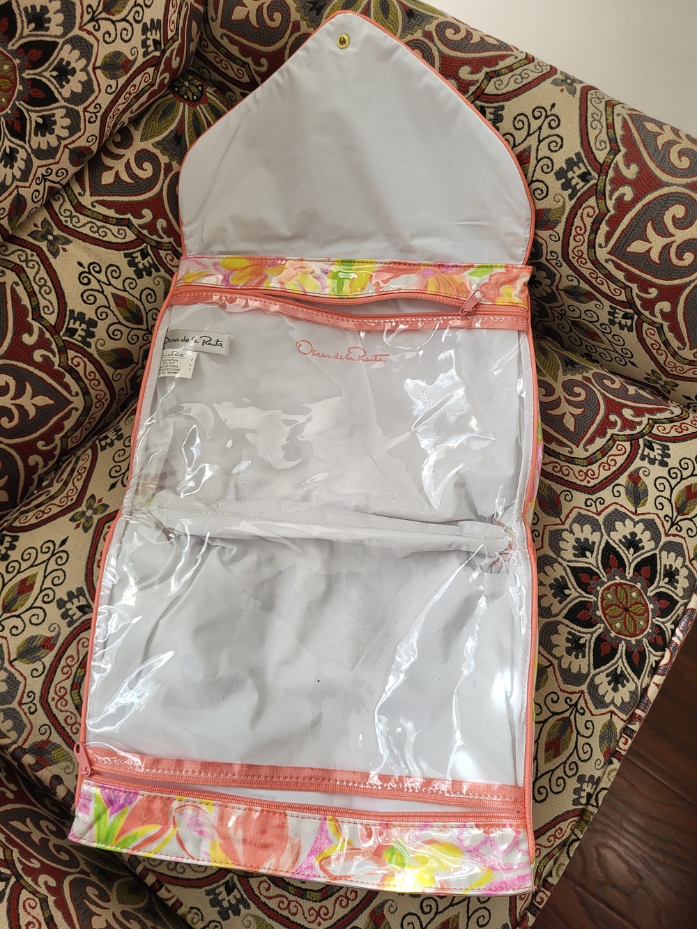 Oscar de la Renta Pink Floral Trim Clear Organizer Pouch